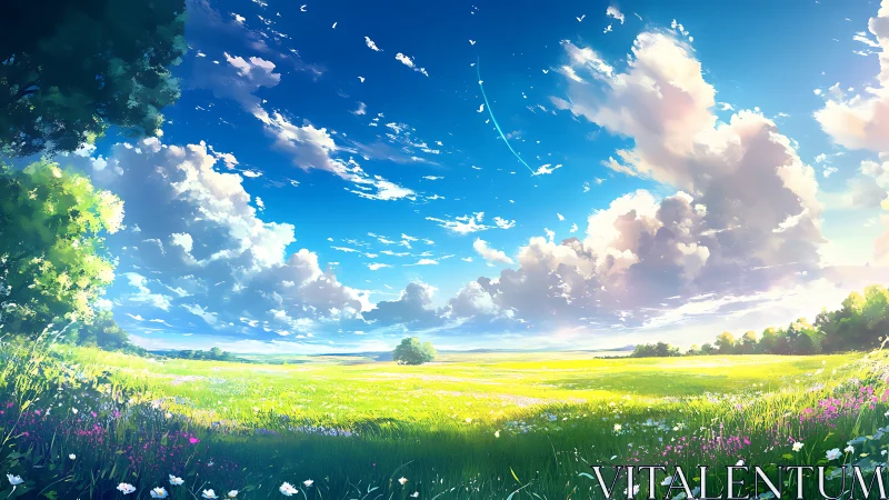 Wide green meadow extends under bright blue clouded sky