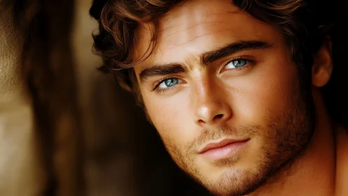 Intense blue-eyed male portrait in warm cinematic light.