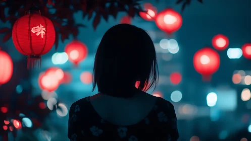 Silhouetted woman gazes at glowing red lanterns at night.