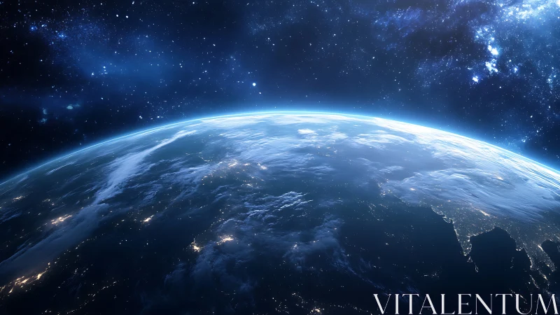 Gentle blue Earth curves into view beneath a starlit cosmic sky