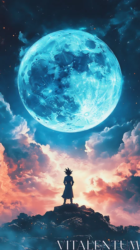 Celestial warrior silhouette below luminous blue moonscape.