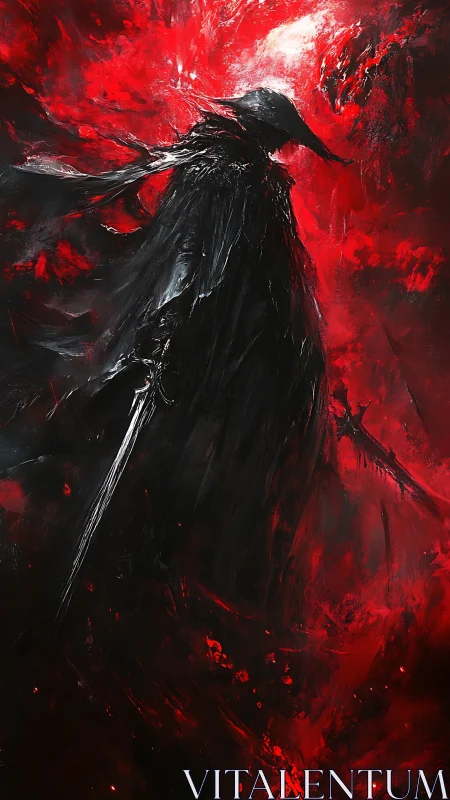 Plague-masked dark swordsman in abstract crimson vortex