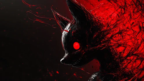 Demonic fox silhouette emerges from swirling red void.