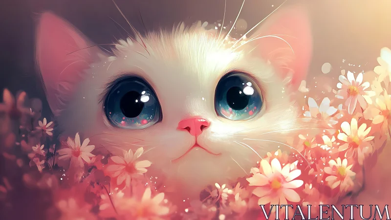 White Cat with Blue Eyes Among Flowers