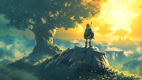 Backlit adventurer studies misty valley under high-contrast sky