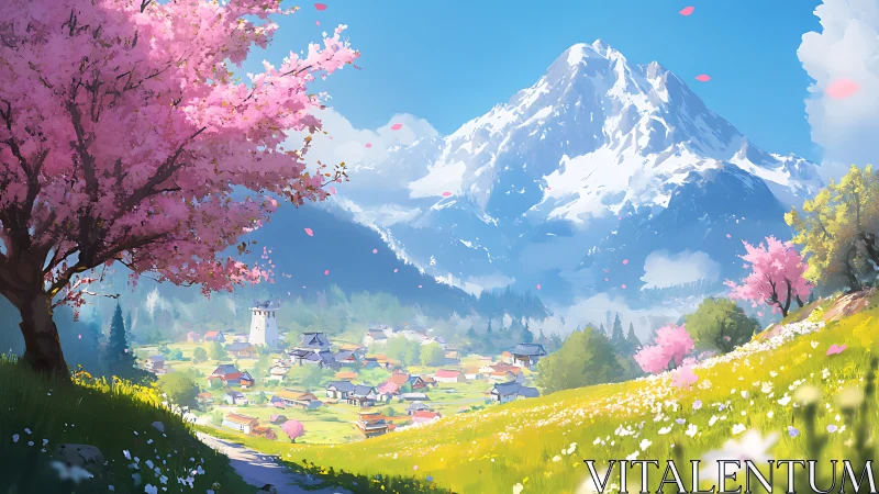 Spring mountain village under soft cherry blossom skies.