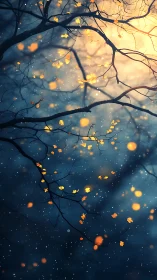 Bare branches with glowing leaves against diffuse night light