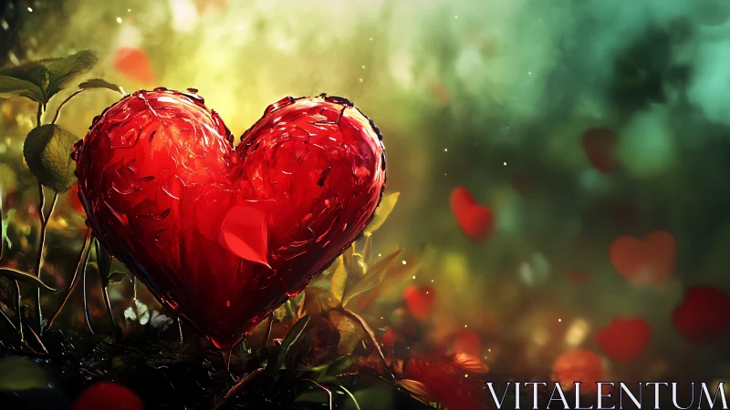 Red Heart Shaped Gem in Garden Setting.