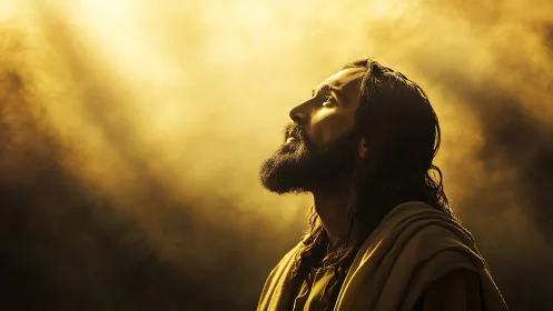 Bearded man gazes upward under dramatic golden light.