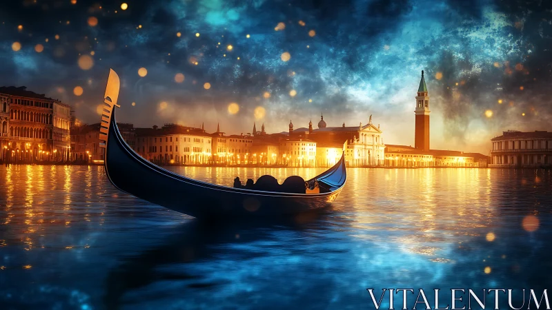 Gondola drifts through glowing Venetian waters at dreamy dusk