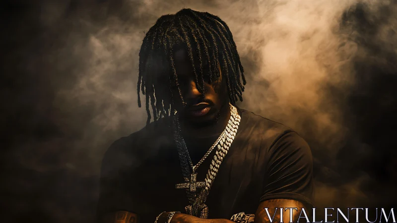 Moody low-key hip-hop portrait with dramatic smoke backdrop.
