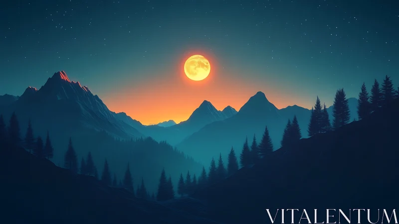 Lunar backlit alpine ridgeline with silhouetted conifer arrays.