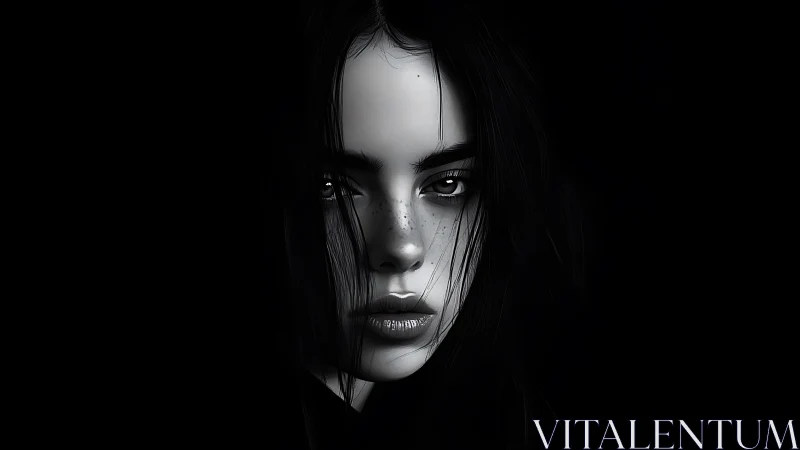 Monochrome close-up portrait of intense freckled woman.