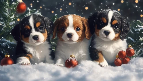 Three spaniel puppies in snow with red ornaments outdoors.