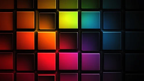 Neon grid of glowing color blocks pulses across the darkscape.