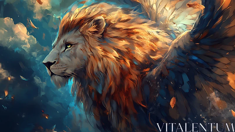 Lion of burning feathers sails through storm-bright clouds