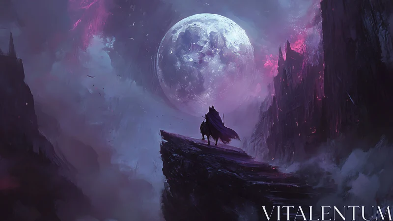 Lone cloaked rider under vast moonlit fantasy sky.