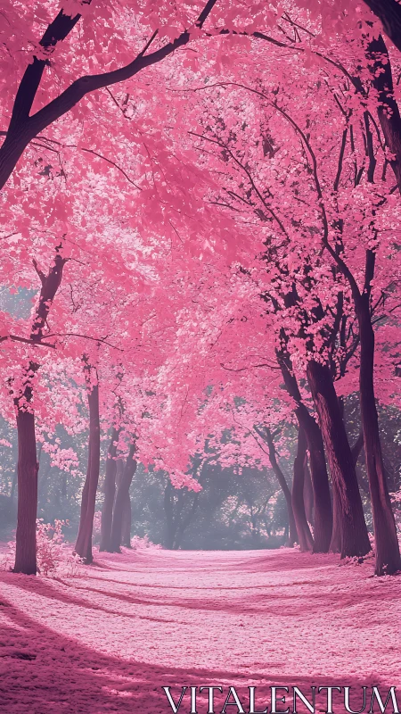 Dreamy pink forest path invites gentle, unhurried wandering