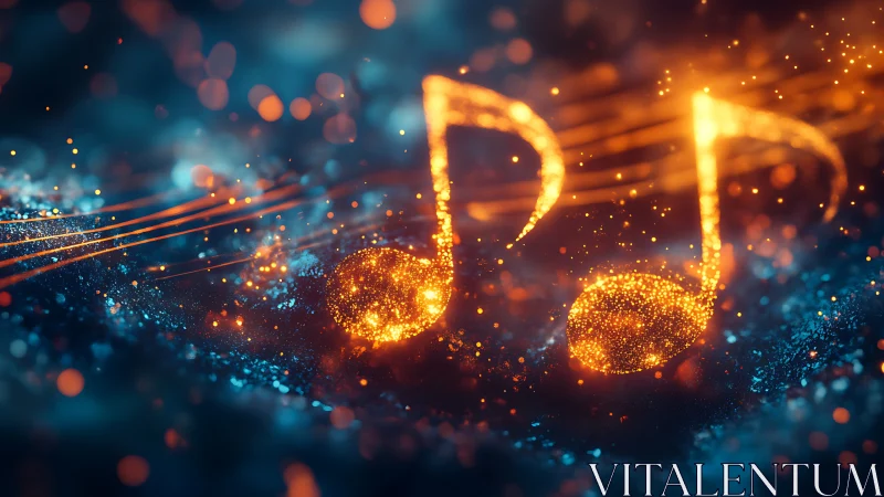 Glowing bokeh music notes rendered as volumetric light particles