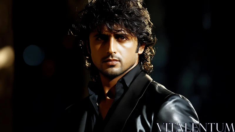 Moody portrait frames intense man in black leather jacket.