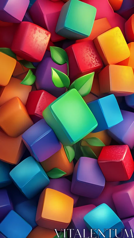 Sprouting neon cubes cradle tiny leaves of hopeful growth.