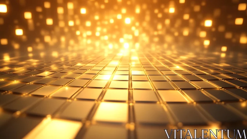 Futuristic golden digital tiles with glowing lights, abstract style.