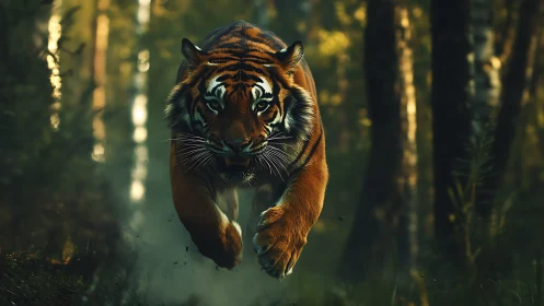 Powerful tiger charges forward through a shadowed forest path