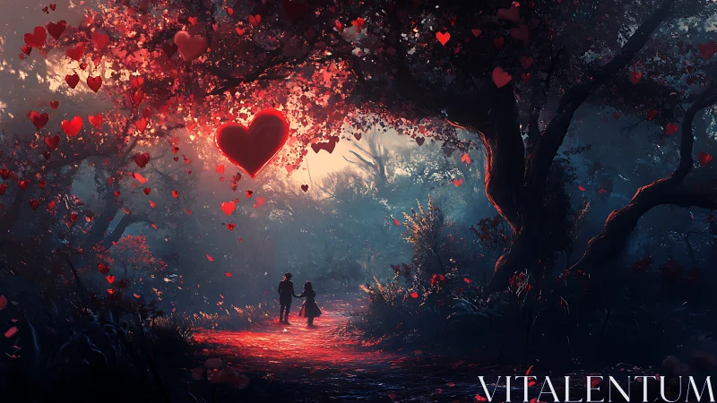 Luminescent Hearts Through Enchanted Forest Tunnel.