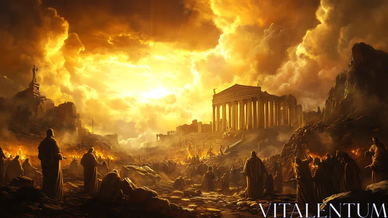 Sun-drowned temple standoff over a burning ancient world.