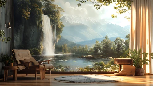 Interior lounge merging with photoreal mountain lake panorama