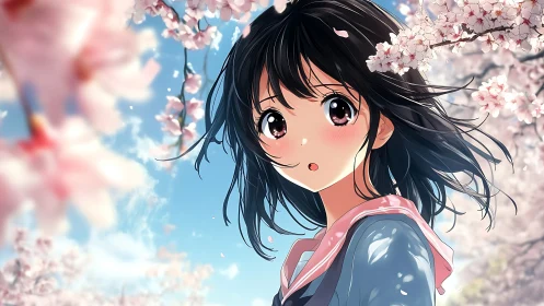 Anime schoolgirl under cherry blossoms in springtime.