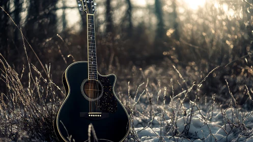 Black acoustic guitar stands in snowy field at sunset light