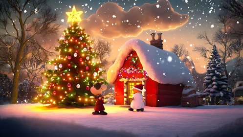 Snow-covered cottage and lit tree form central winter scene