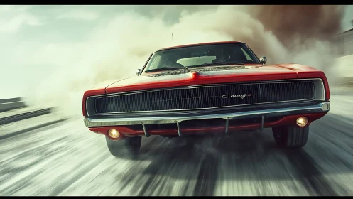 Roaring red muscle car surging forward in smoky sunlight.