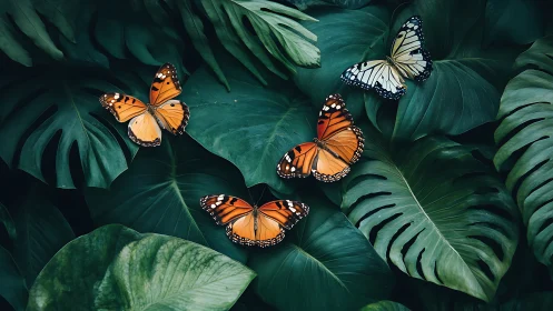 Monarch butterflies rest on deep green monstera foliage