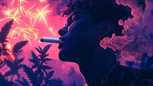 Neon-lit smoker amid glowing cannabis silhouettes at dusk.