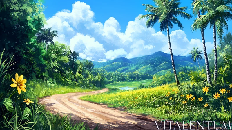 Digital painting of tropical path with lush floral foreground.