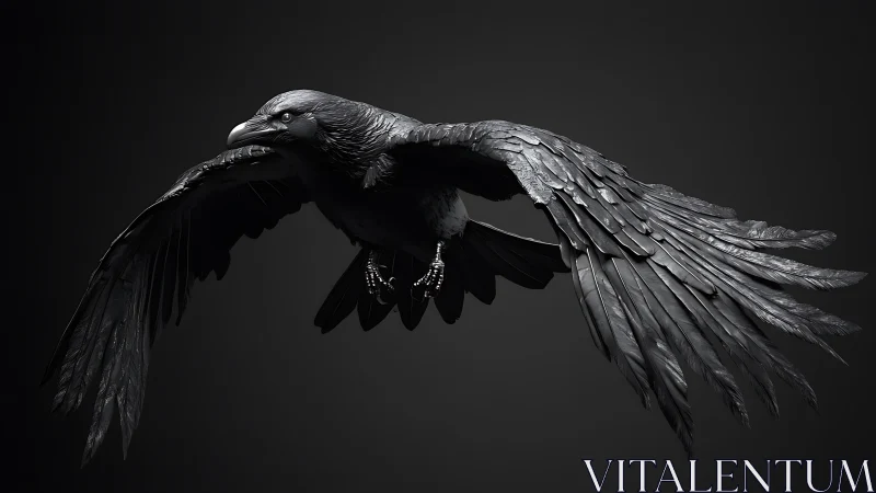 Majestic black raven in flight, dramatic lighting, dark background.