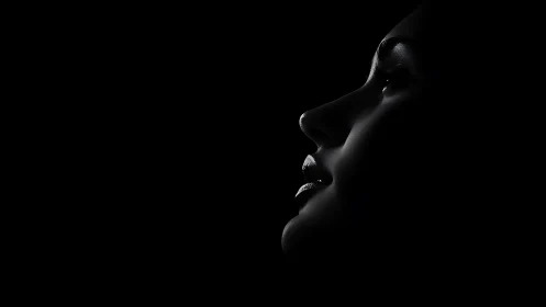 Low key female profile portrait in dramatic side rim lighting