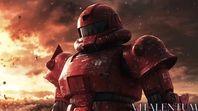 Battle-worn red combat mecha stands under fiery sky