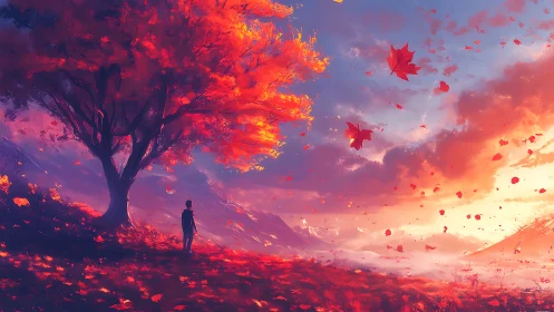 Solitary figure under blazing autumn tree at sunrise.