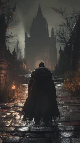 Cloaked wanderer greeting a brooding gothic fortress.