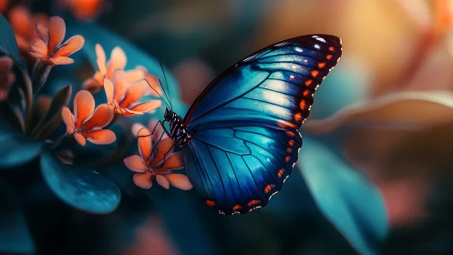 Blue butterfly rests on orange blossoms in soft bokeh light.