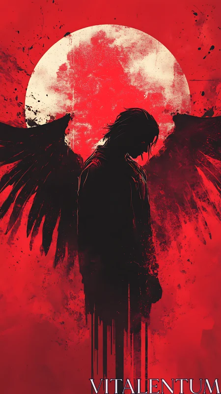 Silhouetted winged figure stands before distressed red moon