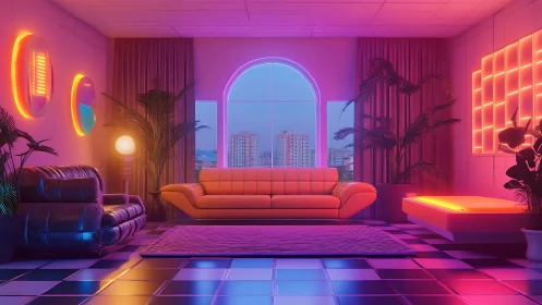 Neon-lit retro living room merges city views with bold color glow.