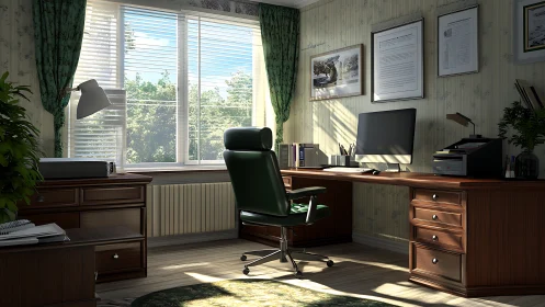 Home office interior with desk, chair, and window light.