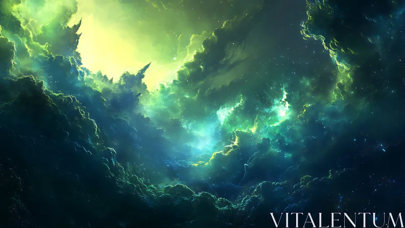 Digital nebula cloudscape shows luminous green stellar field