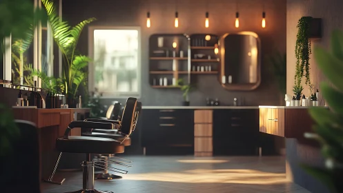 Sunlit modern barbershop interior glows with warm elegance