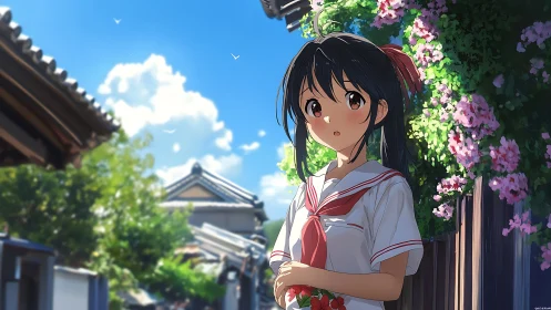 Summer light on schoolgirl beside blooming garden wall.