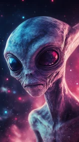 Gentle alien visitor gazing softly through a nebula glow.